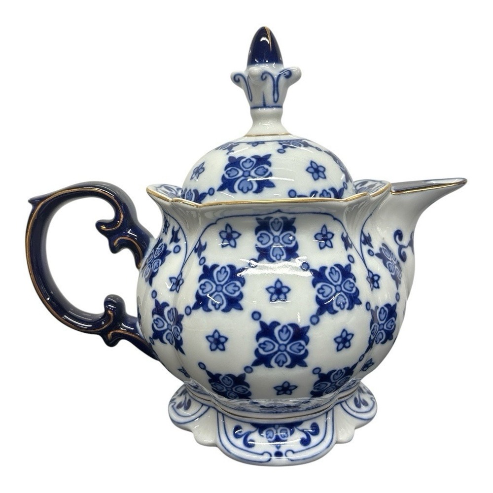 Bombay Co Sommerhill Cobalt Blue & White Porcelain Teapot Chinoiserie Inspired